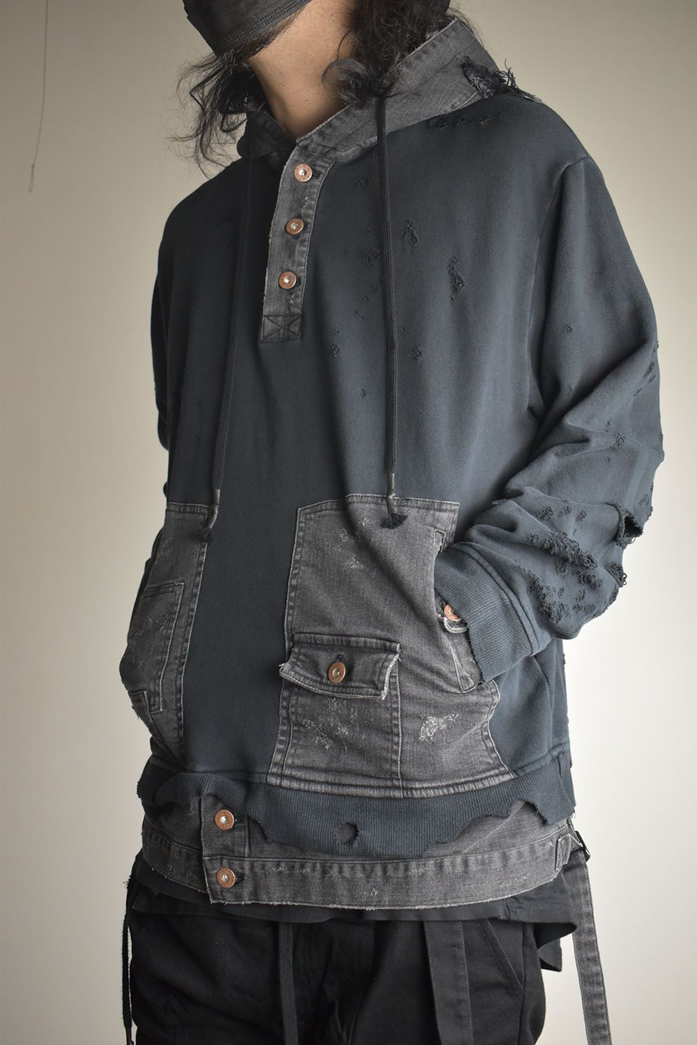 Denim Combination Non-Twisted Yarn Lined Oversized Pullover Hoodie"Black" / デニムコンビネーション無撚糸裏毛オーバーサイズプルオーバーフーディー"ブラック"