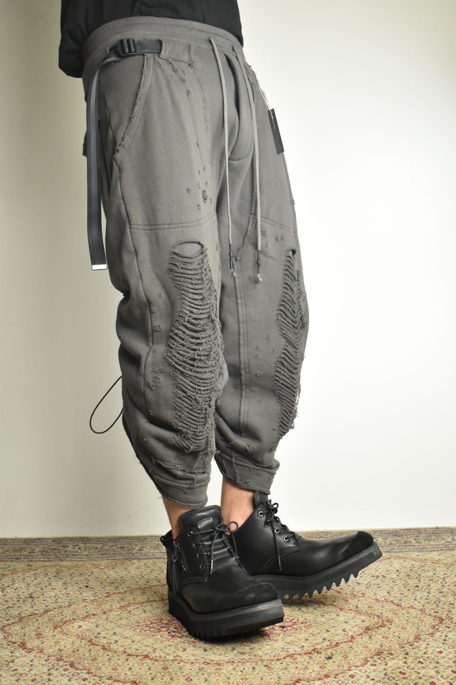 Untwisted Yarn Fleece Shotgun Wide Cropped Pants"Charcoal" / 無撚糸裏毛ショットガンワイドクロップドパンツ"チャコール"