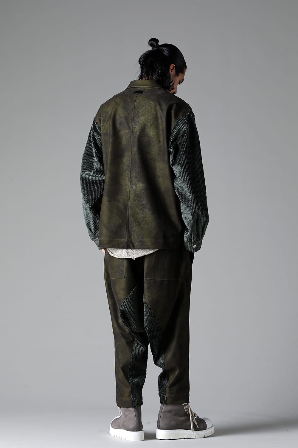 《2025AW先行予約》Synthetic Leather × Corduroy Switching Drop Clotch Pants"Black / Khaki" / シンセティックレザー×コーデュロイスウィッチングドロップクロッチパンツ"ブラック/カーキ"