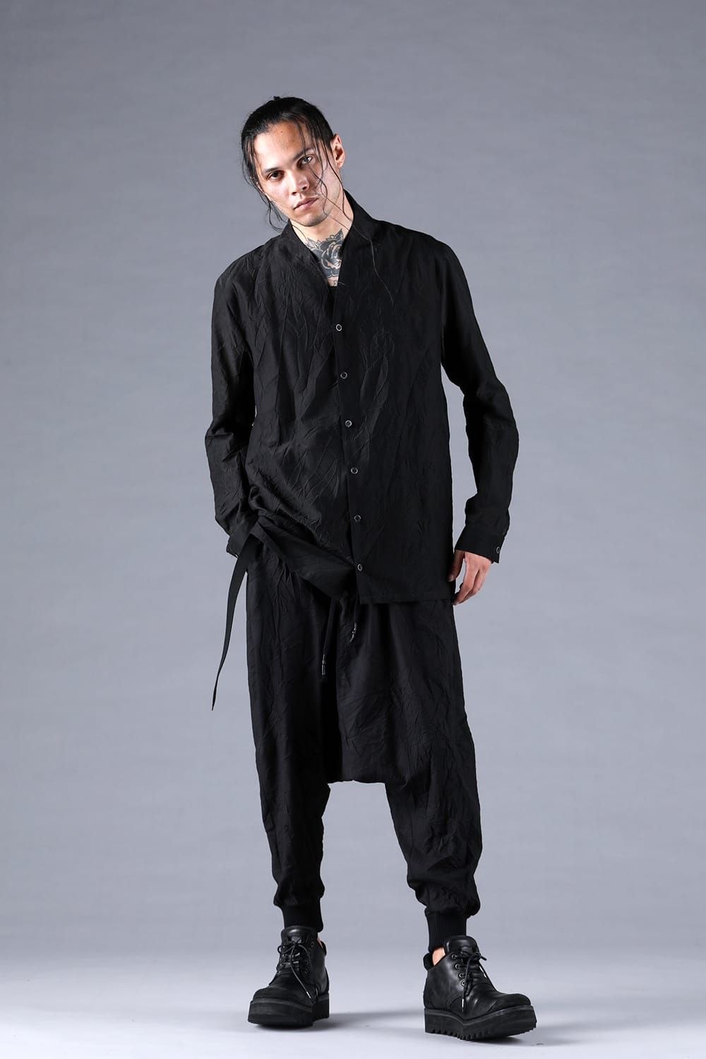 Silk Cotton Washer Shawl Collar Shirt"Black" / シルクコットンワッシャーショールカラーシャツ"ブラック"