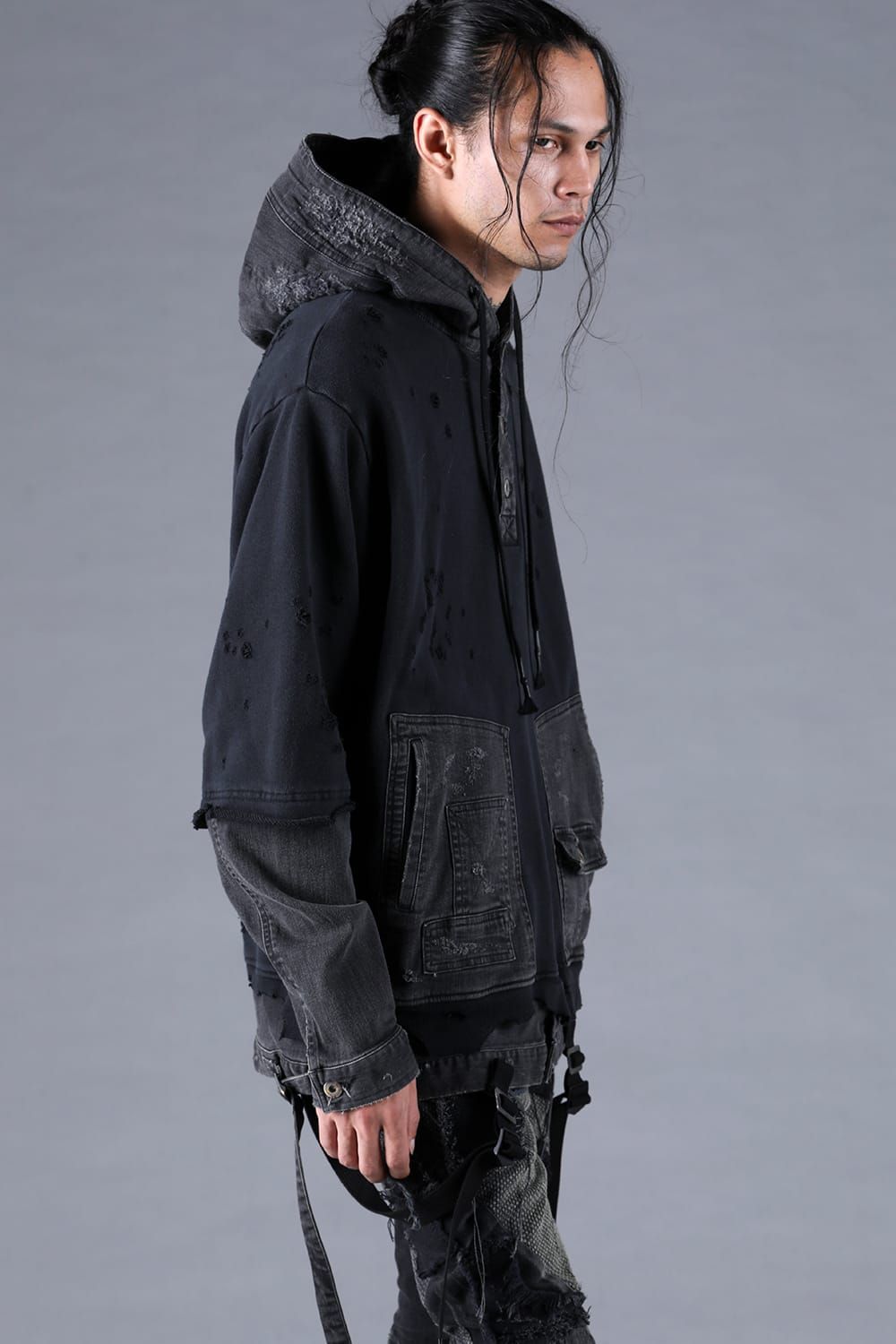 Denim Combination Non-Twisted Yarn Lined Oversized Pullover Hoodie"Black" / デニムコンビネーション無撚糸裏毛オーバーサイズプルオーバーフーディー"ブラック"