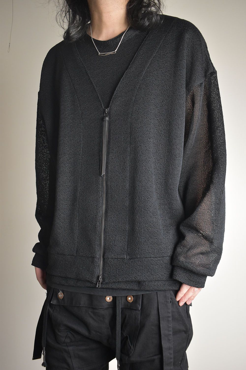 Cotton Low Gauge Knit Cardigan Layered Pullover"Black" / コットンローゲージニットカーディガンレイヤードプルオーバー"ブラック"