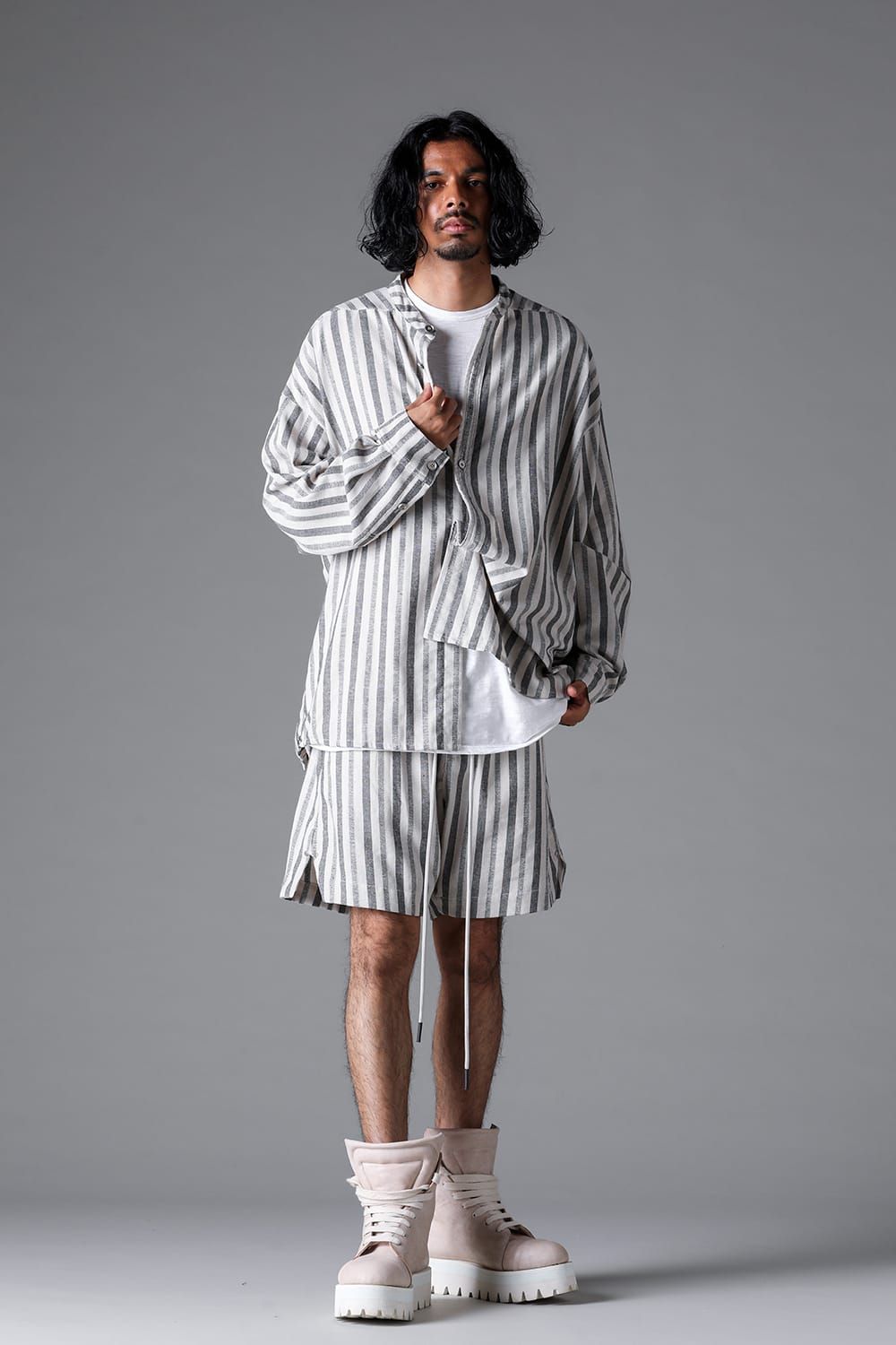 《2026SS先行予約》Vertical Stripes Stand Collar Shirts "Cream×L.Grey" / バーティカルストライプスタンドカラーシャツ"クリーム×グレー"