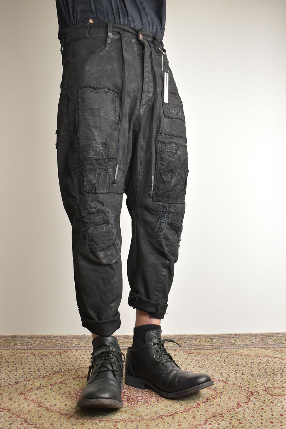 Product Coating Stretch Denim Damage Repair Cropped Pants “Black / 製品コーティングストレッチデニムダメージリペアクロップドパンツ"ブラック"