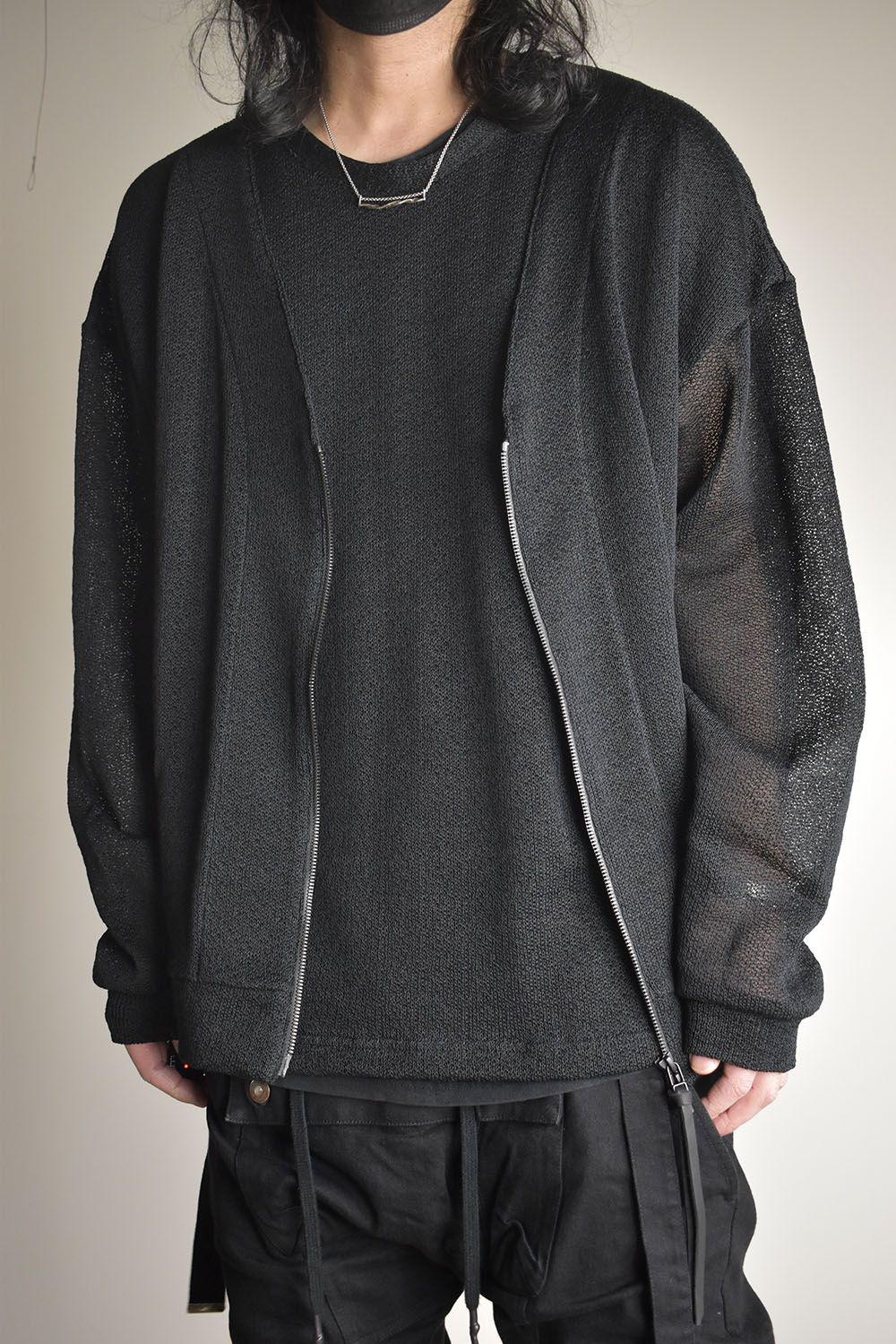 Cotton Low Gauge Knit Cardigan Layered Pullover"Black" / コットンローゲージニットカーディガンレイヤードプルオーバー"ブラック"