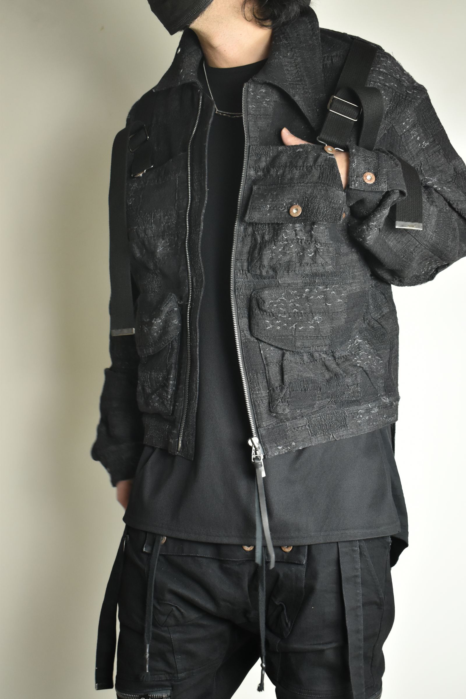 Crust Jacquard Salopette Layered Jacket"Black" / クラストジャガードサロペットレイヤードジャケット"ブラック"