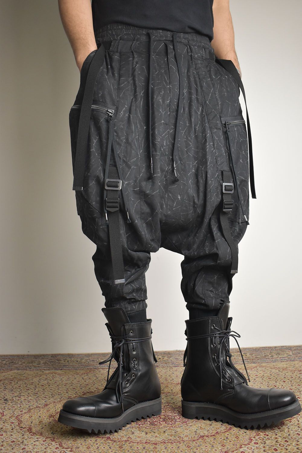 Catch Washer Bleach Belt Adjustable Sarouel Cargo Pants"Black" / キャッチワッシャーブリーチベルトアジャスタブルサルエルカーゴパンツ"ブラック"