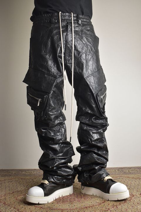 Washer Synthetic Leather Boots Cut Tuck Cargo Pants"Black " / ワッシャーシンセティックレザーブーツカットタックカーゴパンツ"ブラック"