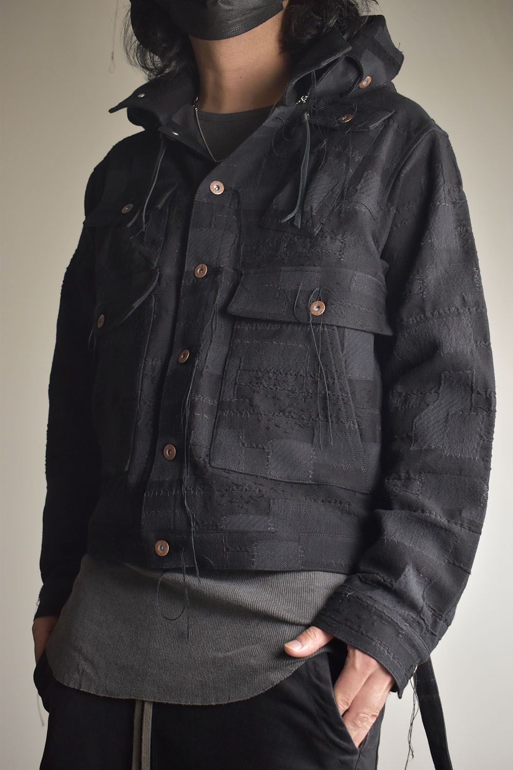 Crust Patchwork Jacquard Hood Attached Jacket "Black" / クラストパッチワークジャガードフードアタッチドジャケット"ブラック"