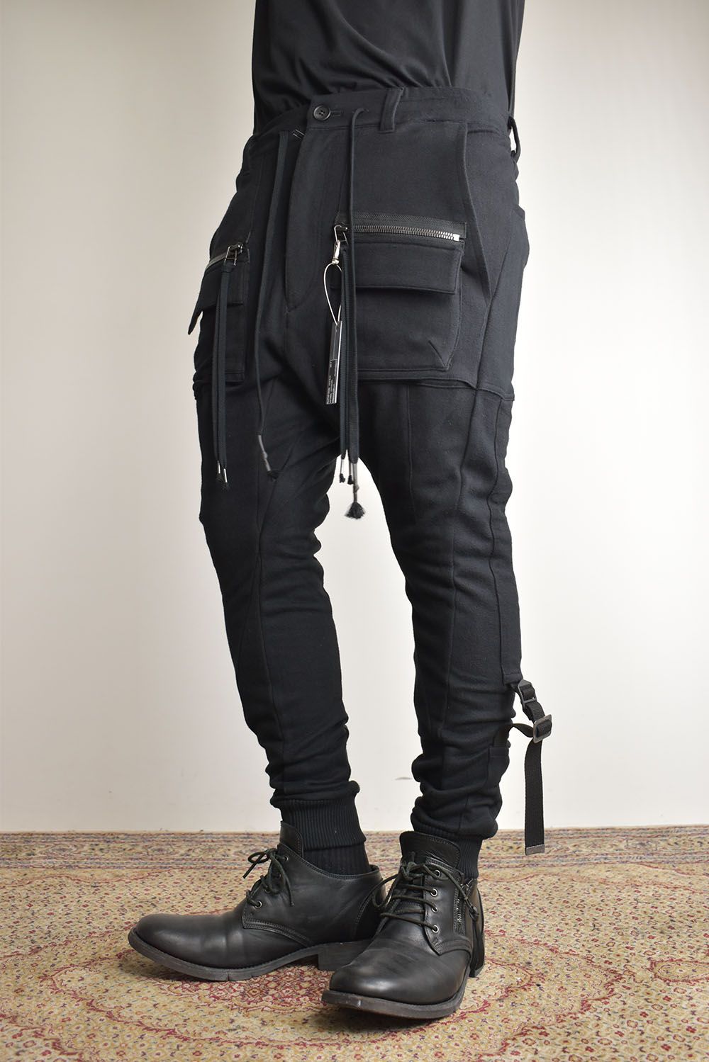 Non-ply Yarn Lined Belt Adjustable Crotch Jog Pants "Black" / 無撚糸裏毛ベルトアジャストロークロッチジョグパンツ"ブラック"