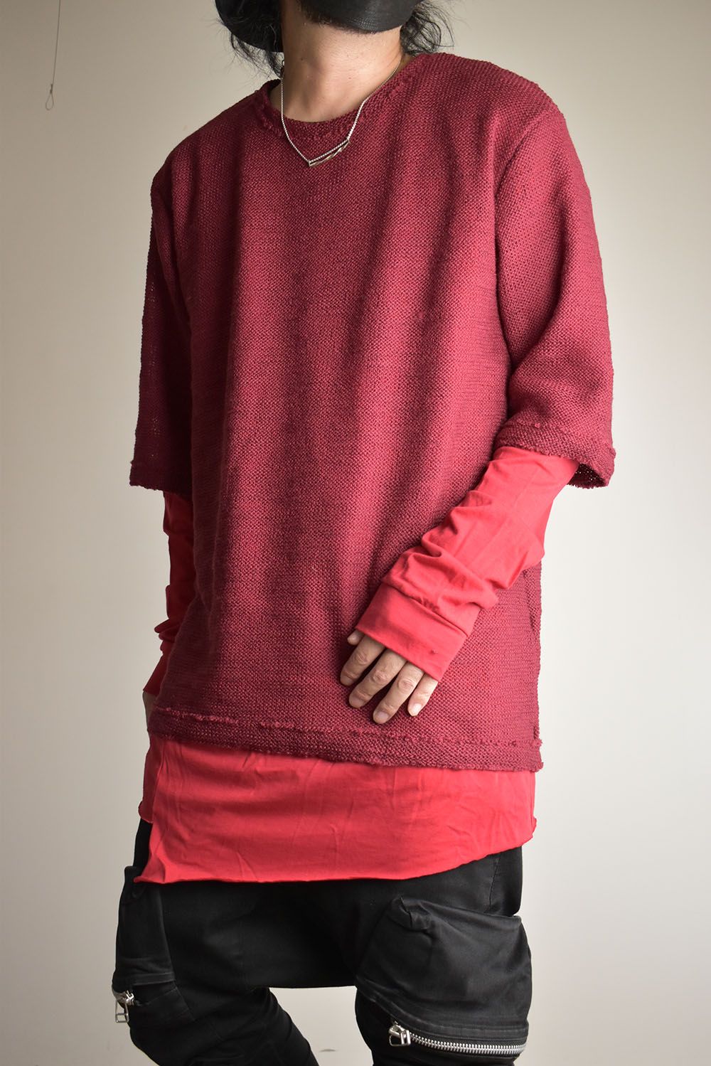 Low Gauge Knit and Cotton Jersey Layered T-Shirt "Red" / ローゲージニット×コットンジャージレイヤードTシャツ"レッド"