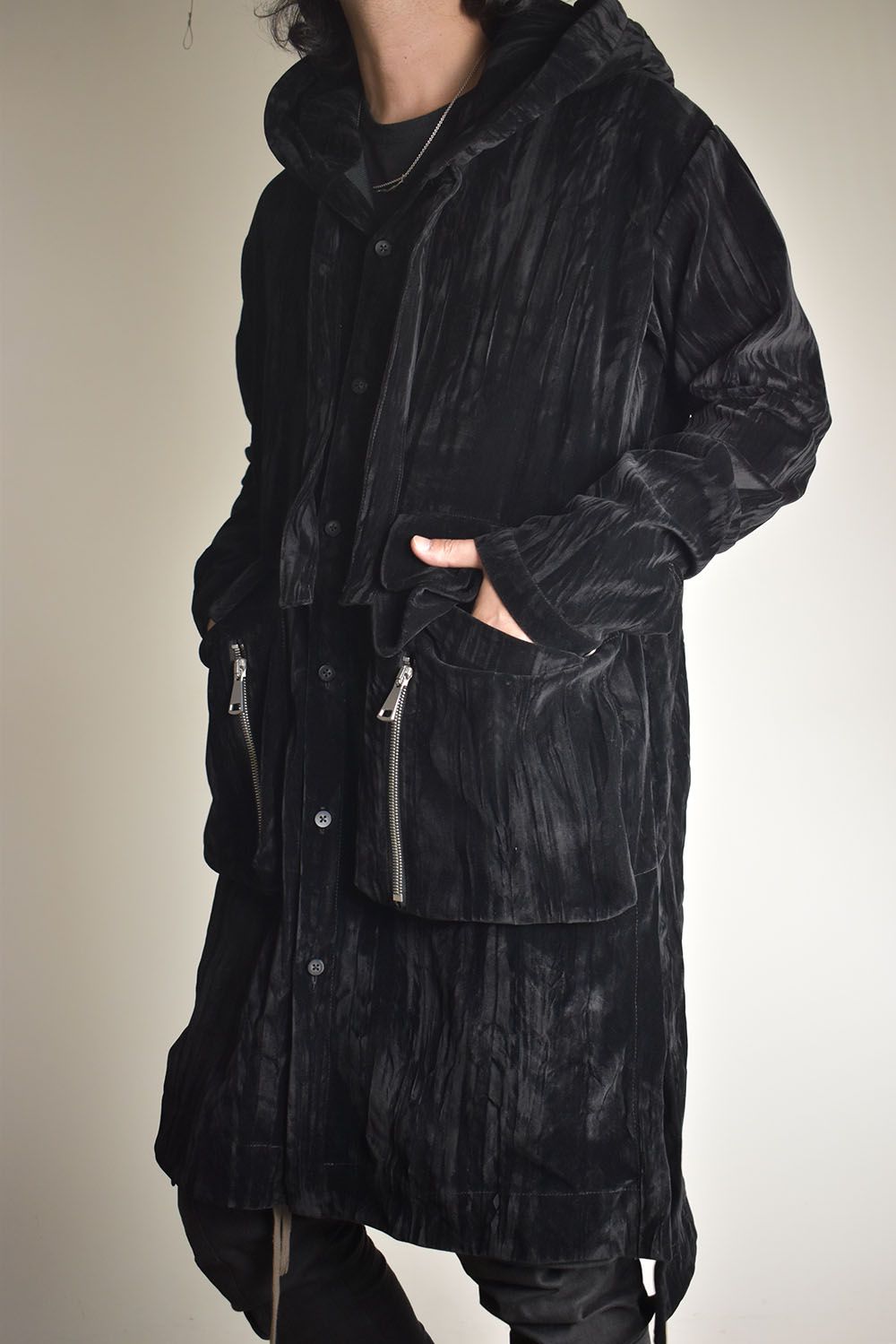 Washer Velour Hooded Long Jacket"Black" / ワッシャーベロアフーデッドロングジャケット"ブラック"