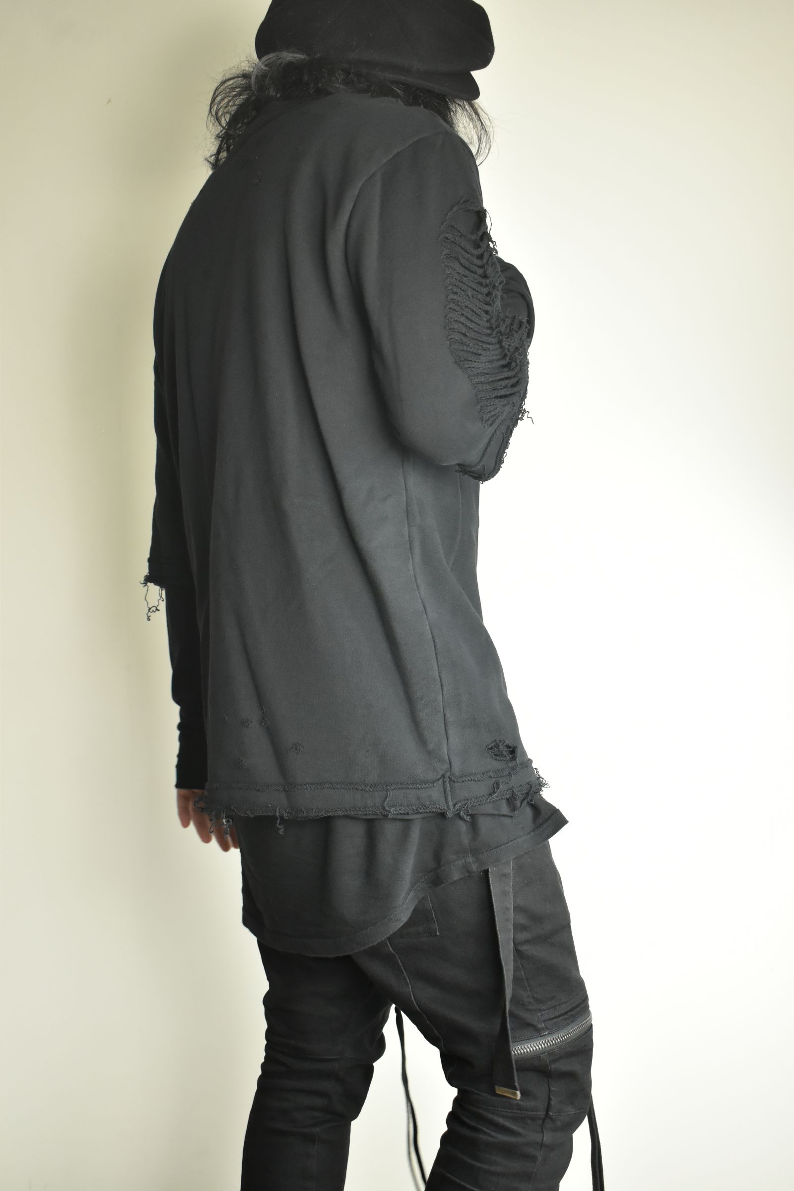 Sweat Shotgun Damage Layered Tee"Black" / 裏毛ショットガンダメージレイヤードTee"ブラック"