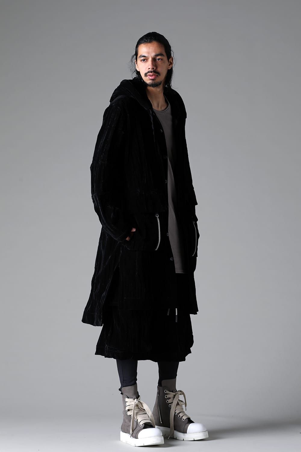 《2025AW先行予約》Washer Velour Hooded Long Jacket"Black" / ワッシャーベロアフーデッドロングジャケット"ブラック"