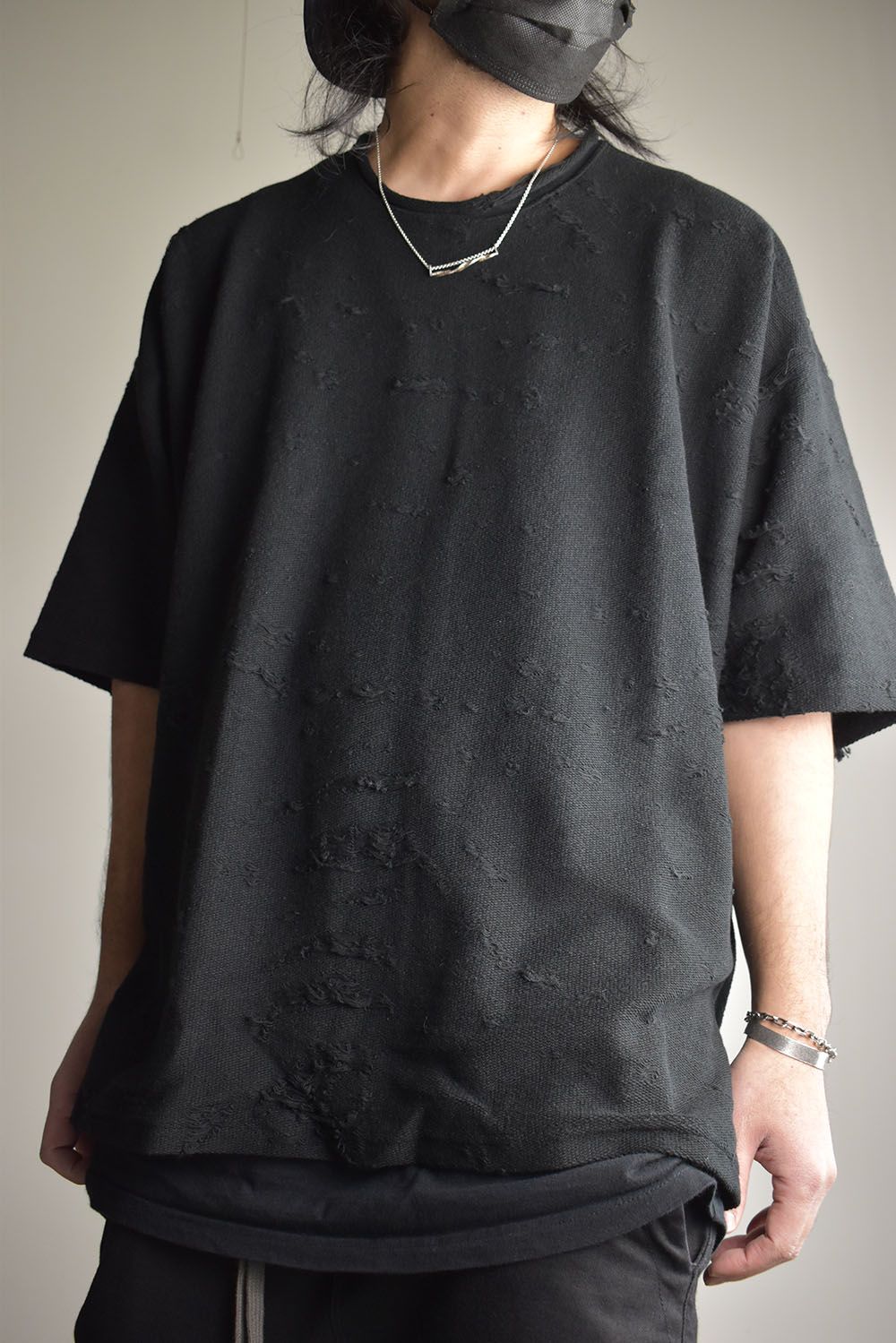 Cotton Damege Jaquard Over Sized Short Sleeve Tee"Black"/コットンダメージジャガードオーバーサイズショートスリーブTee"ブラック"