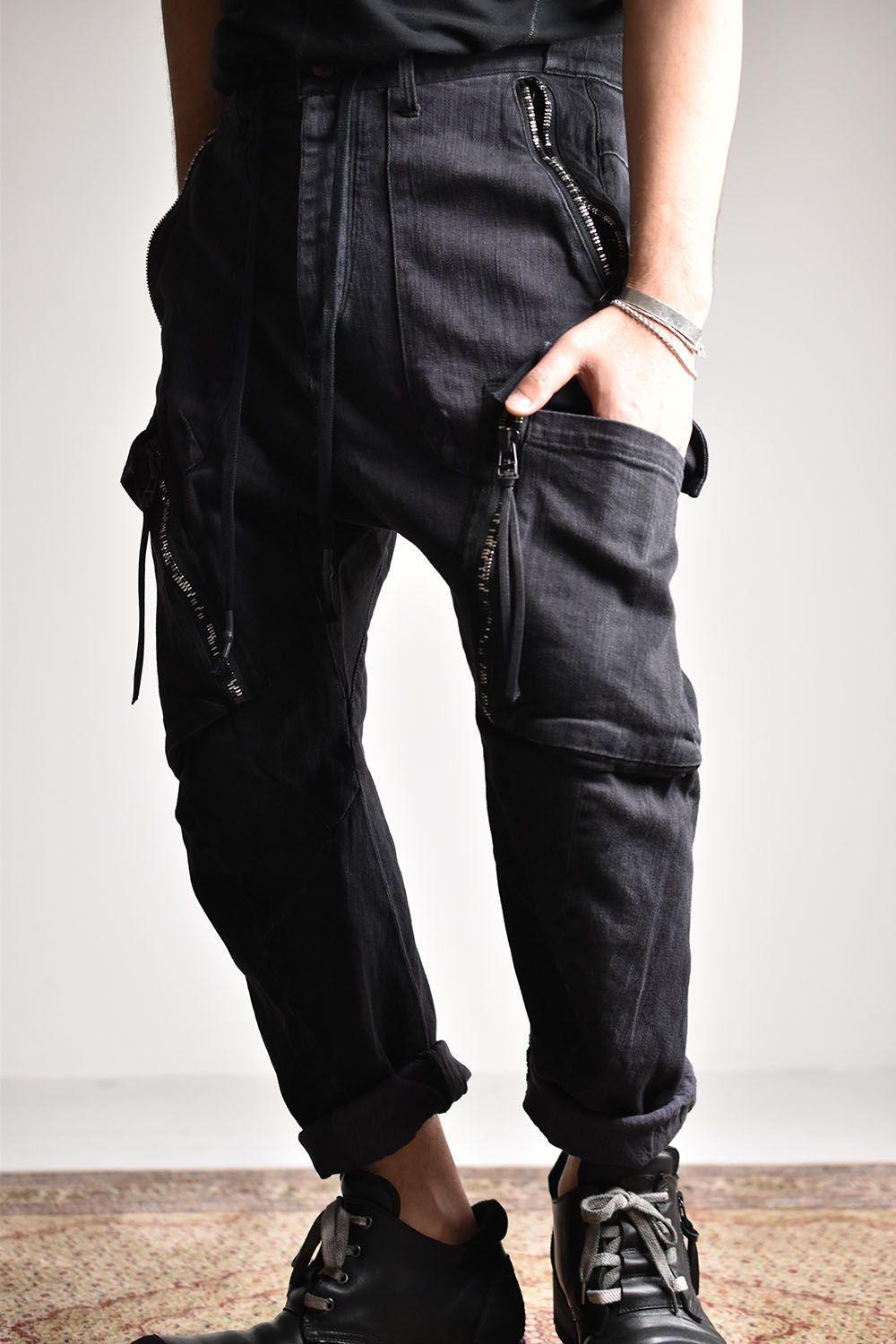 Stretch Cotton Denim Tapered Cargo Cropped Denim Pants"Black"/ストレッチコットンデニムテーパードカーゴクロップドデニムパンツ"ブラック"