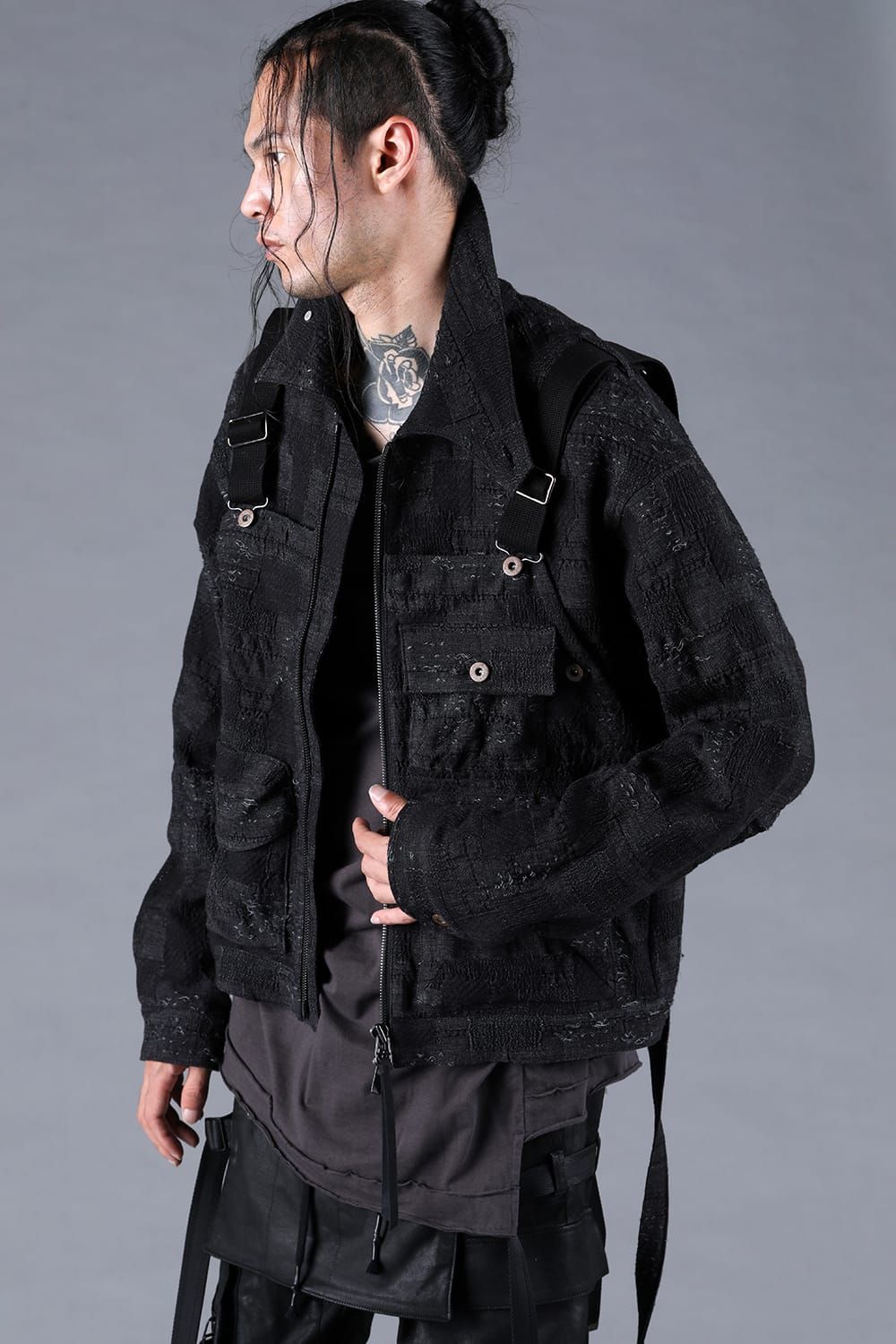 Crust Jacquard Salopette Layered Jacket"Black" / クラストジャガードサロペットレイヤードジャケット"ブラック"