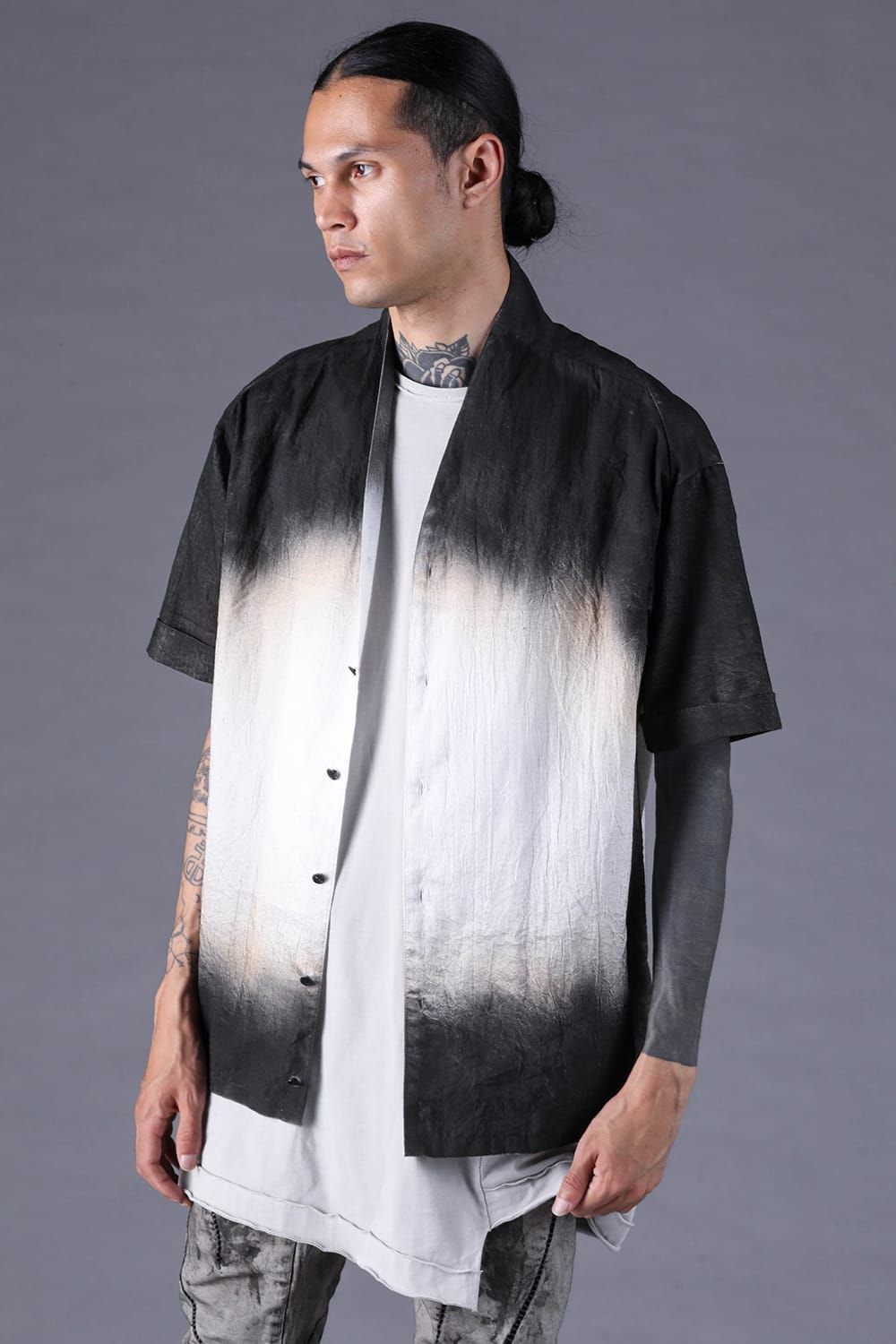 《2027SS先行予約分》Washer Loan Gradation Shawl-Collar S/S Shirt"Black" / ワッシャーローングラデーションショールカラーショートスリーブシャツ"ブラック"