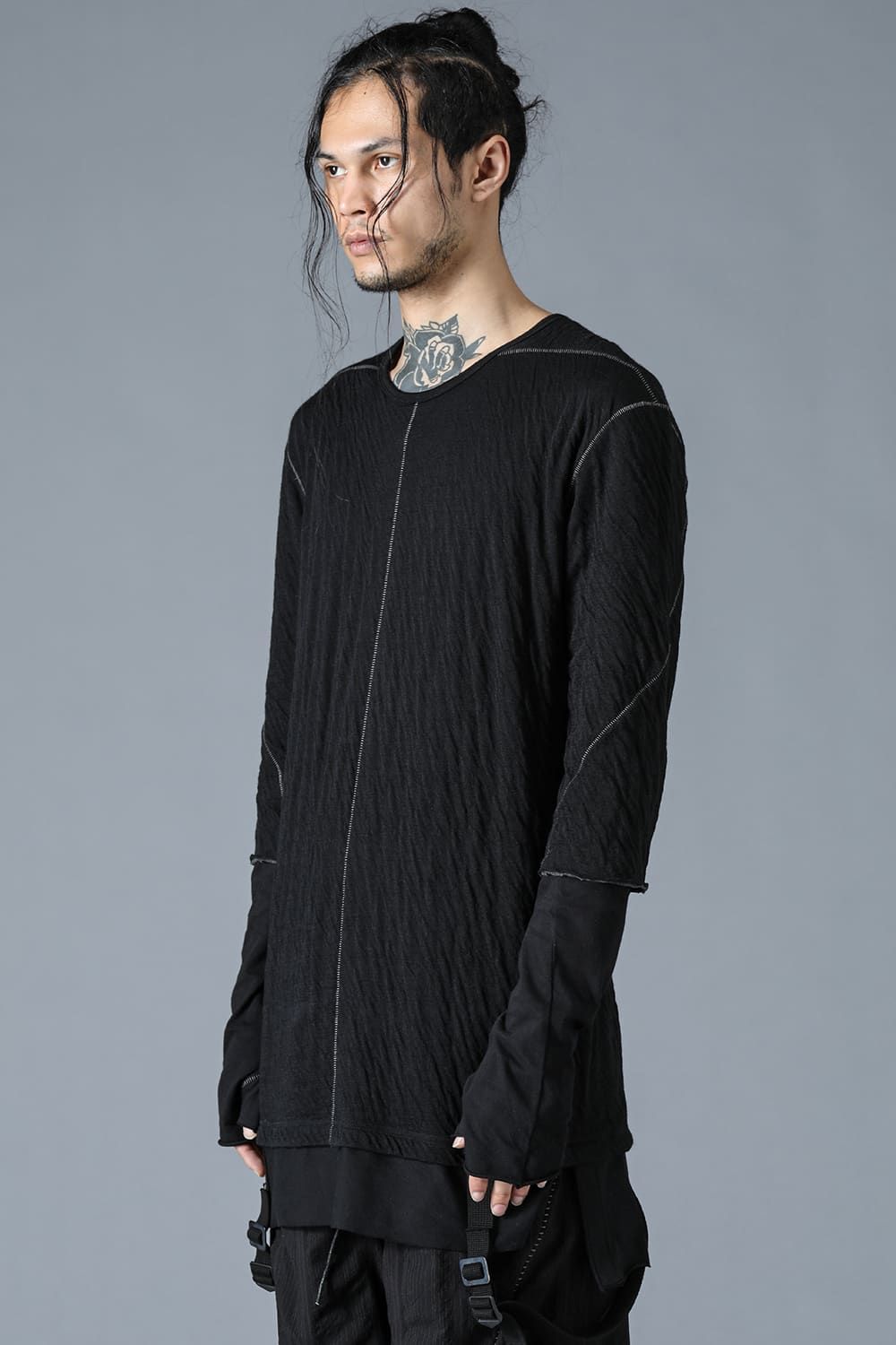 Wool×Cotton Double Face Layered Globe Sleeve Tee"Black/"ウール×コットンダブルフェイスレイヤードグローブスリーブTシャツ"ブラック"