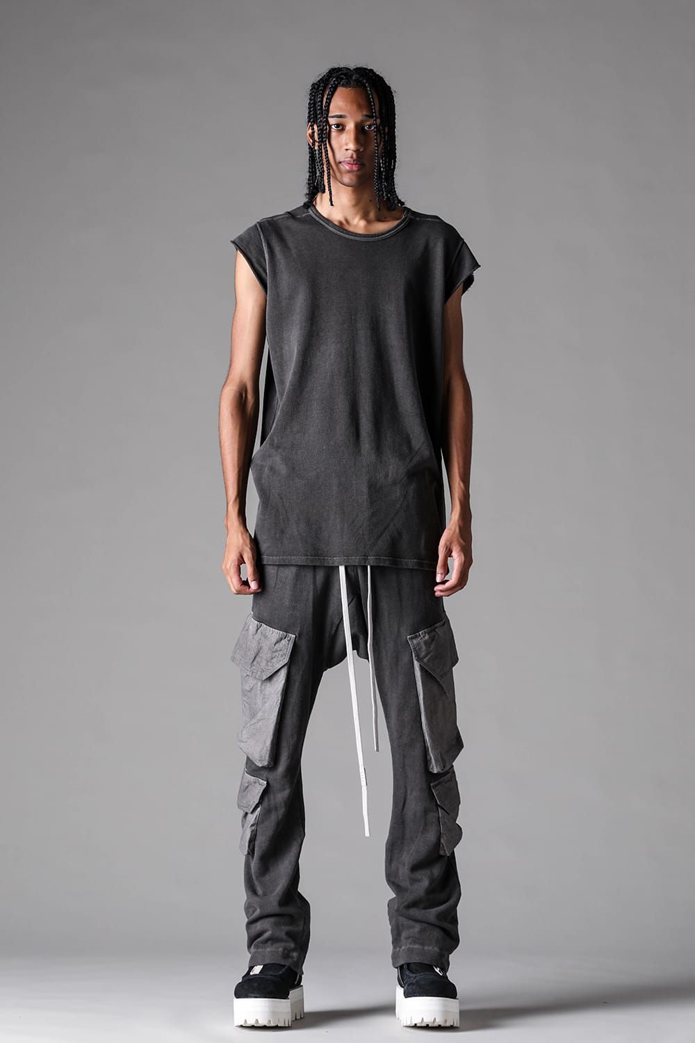 《2027SS先行予約》Sumi Dyed Lightweight French Terry Sarrouel Flare Cargo Pants"L.Grey  / D.Grey" / 墨染ミニ裏毛サルエルフレアカーゴパンツ"ライトグレー / ダークグレー"