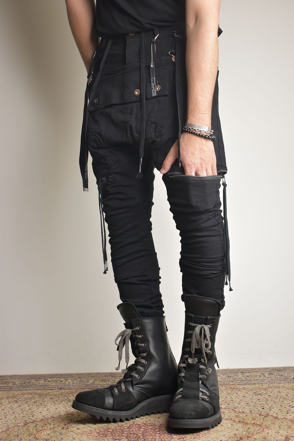 Stretch Denim Salopette Pocket Cargo Jogger Pants "Black" / ストレッチデニムサロペットポケットカーゴジョグパンツ"ブラック"