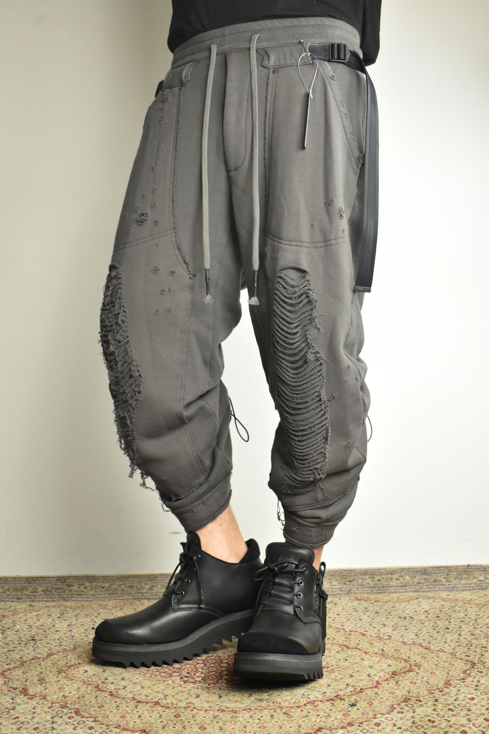 Untwisted Yarn Fleece Shotgun Wide Cropped Pants"Charcoal" / 無撚糸裏毛ショットガンワイドクロップドパンツ"チャコール"
