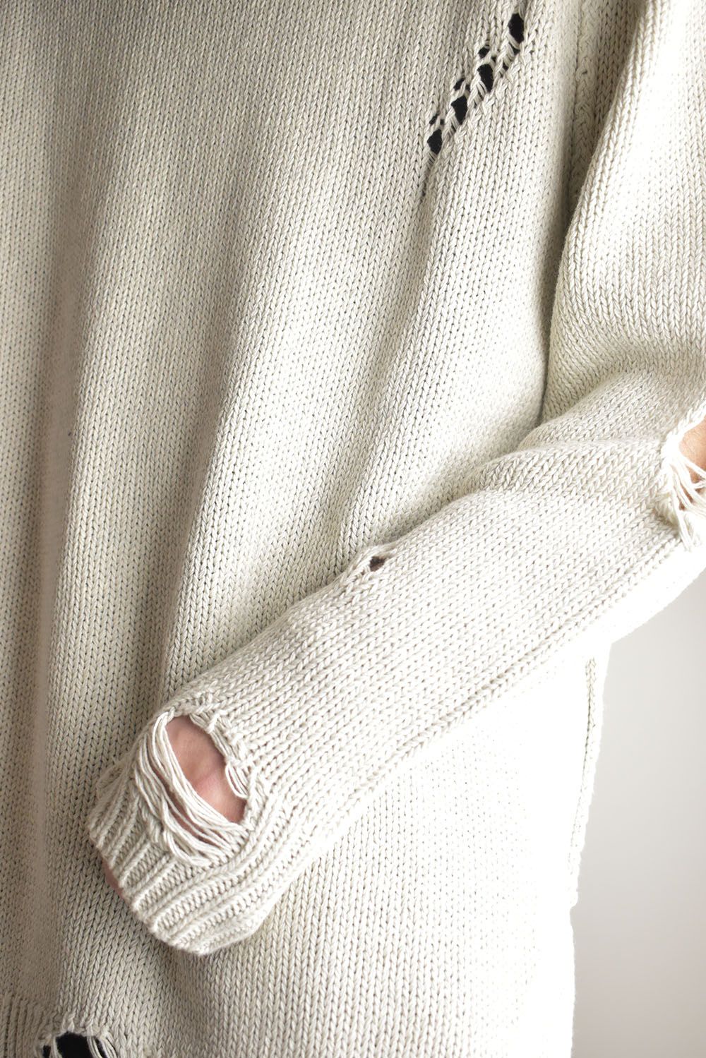 Cotton 3GG Damaged Knit Pullover"Light Grey" / コットン 3GG ダメージニットプルオーバー"ライトグレー"