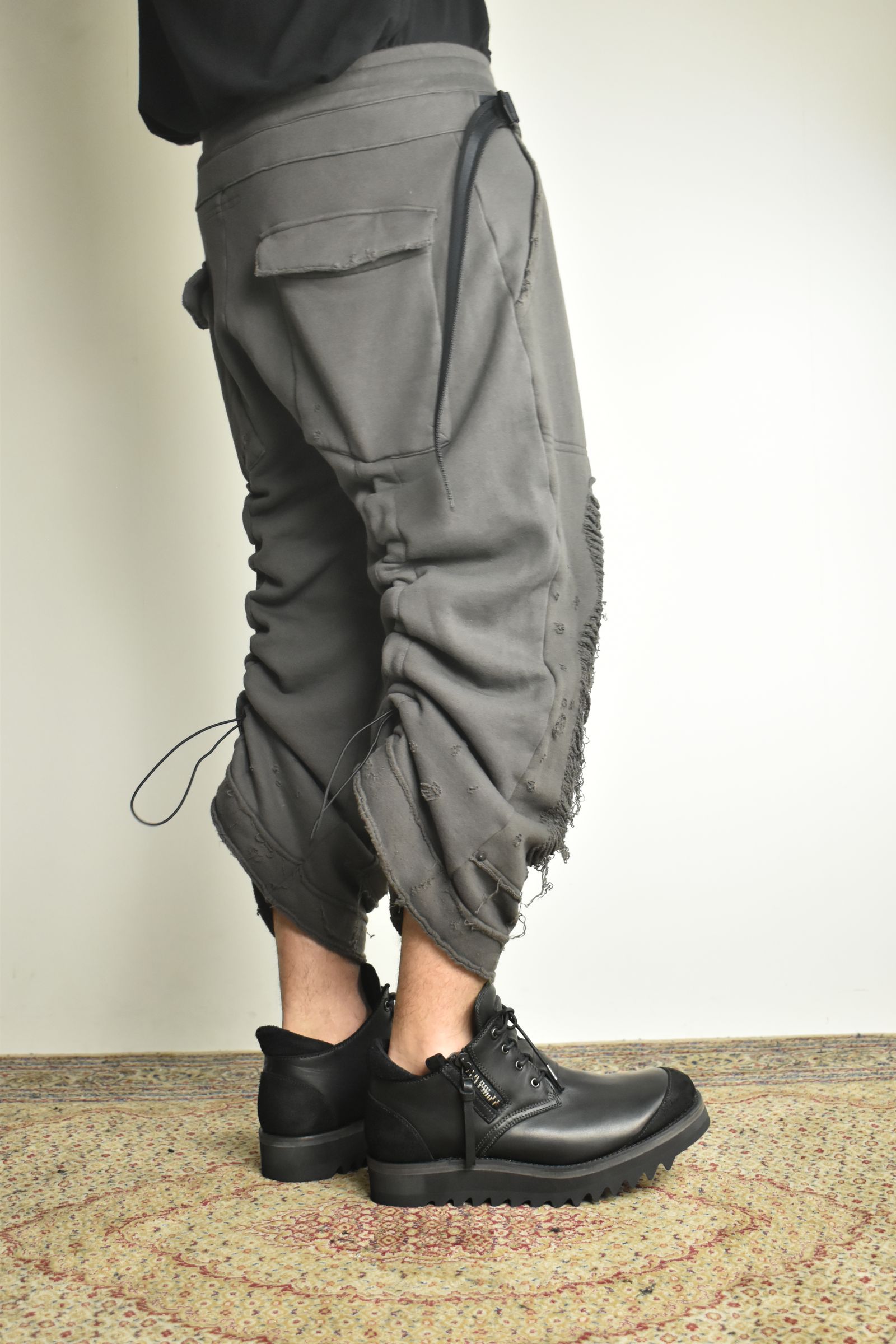 Untwisted Yarn Fleece Shotgun Wide Cropped Pants"Charcoal" / 無撚糸裏毛ショットガンワイドクロップドパンツ"チャコール"