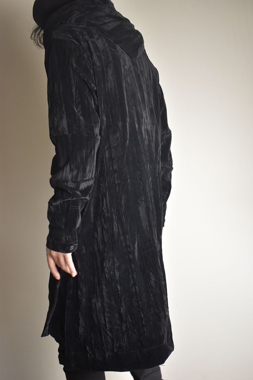 Washer Velour Hooded Long Jacket"Black" / ワッシャーベロアフーデッドロングジャケット"ブラック"