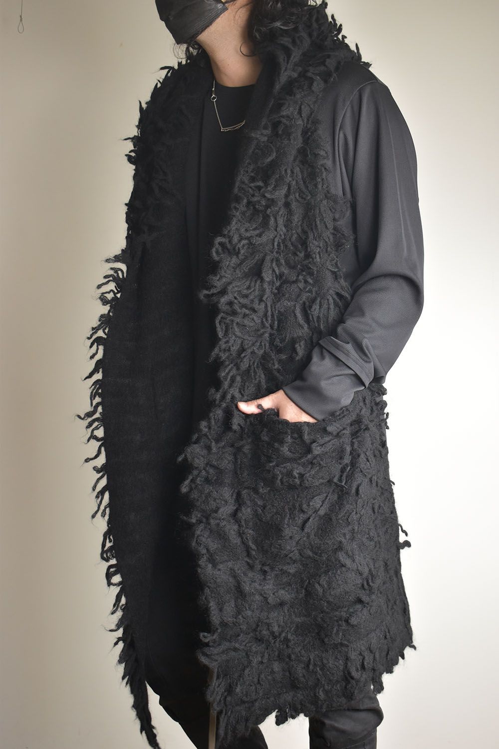 5GG Long Pile Knit Hoodie Stole"Black" / ロングパイルニットフーディストール"ブラック"
