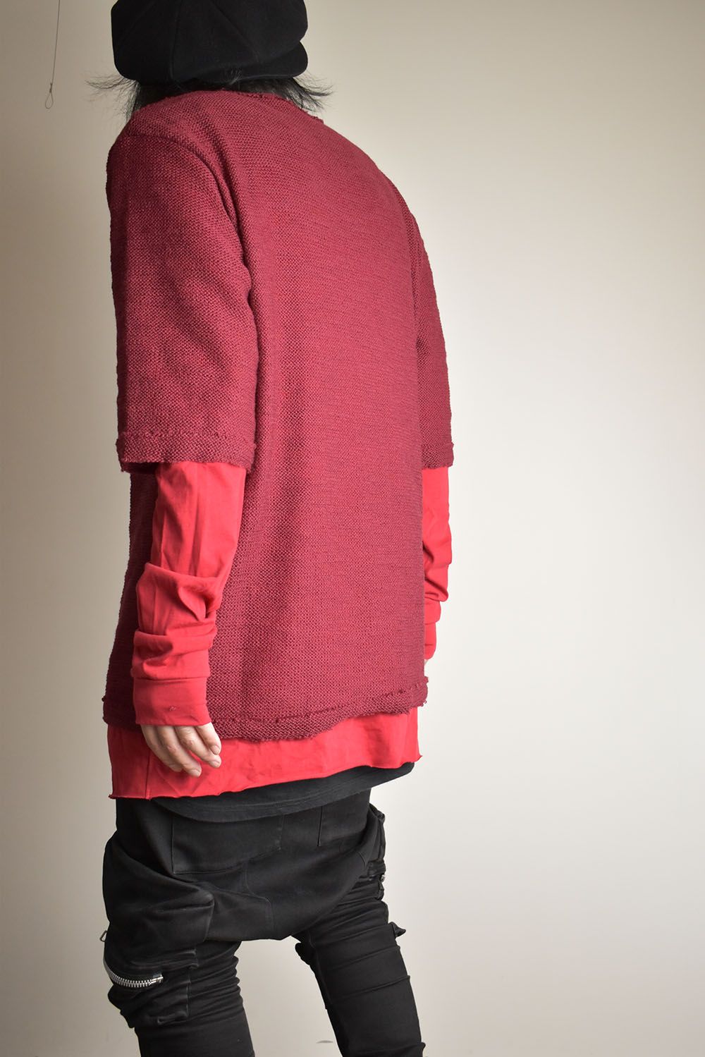 Low Gauge Knit and Cotton Jersey Layered T-Shirt "Red" / ローゲージニット×コットンジャージレイヤードTシャツ"レッド"