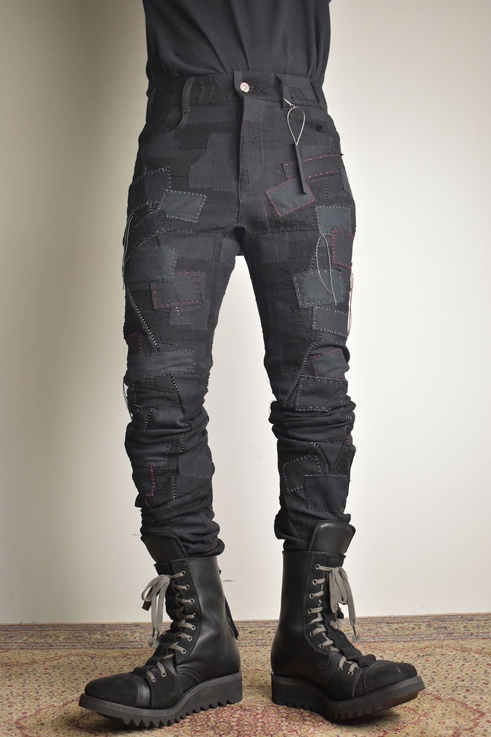 Hand Patchwork Crust Jacquard Overlock Twist Curve Pants "Black" / ハンドパッチワーククラストジャガードオーバーロックツイストカーブパンツ"ブラック"