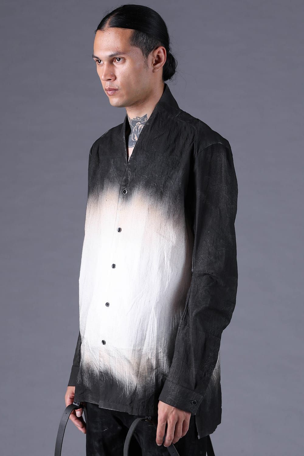 《2027SS先行予約分》Washer Loan Gradation Shawl-Collar Long Sleeve Shirt"Black" / ワッシャーローングラデーションショールカラーロングスリーブシャツ"ブラック"