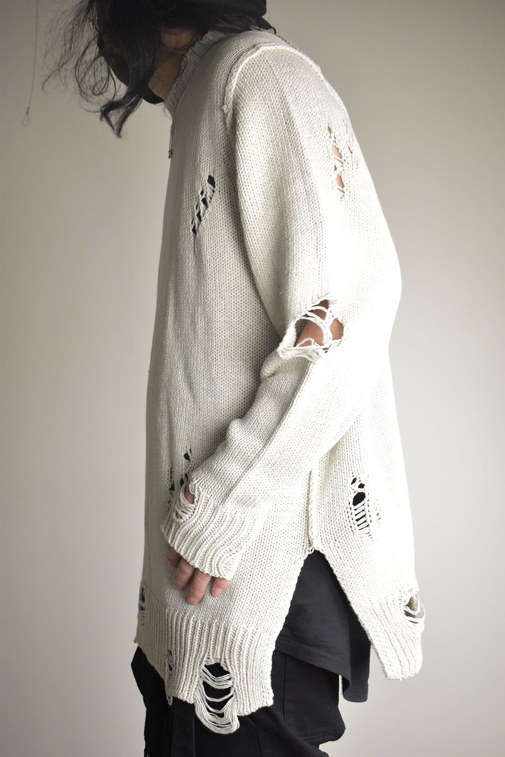 Cotton 3GG Damaged Knit Pullover"Light Grey" / コットン 3GG ダメージニットプルオーバー"ライトグレー"