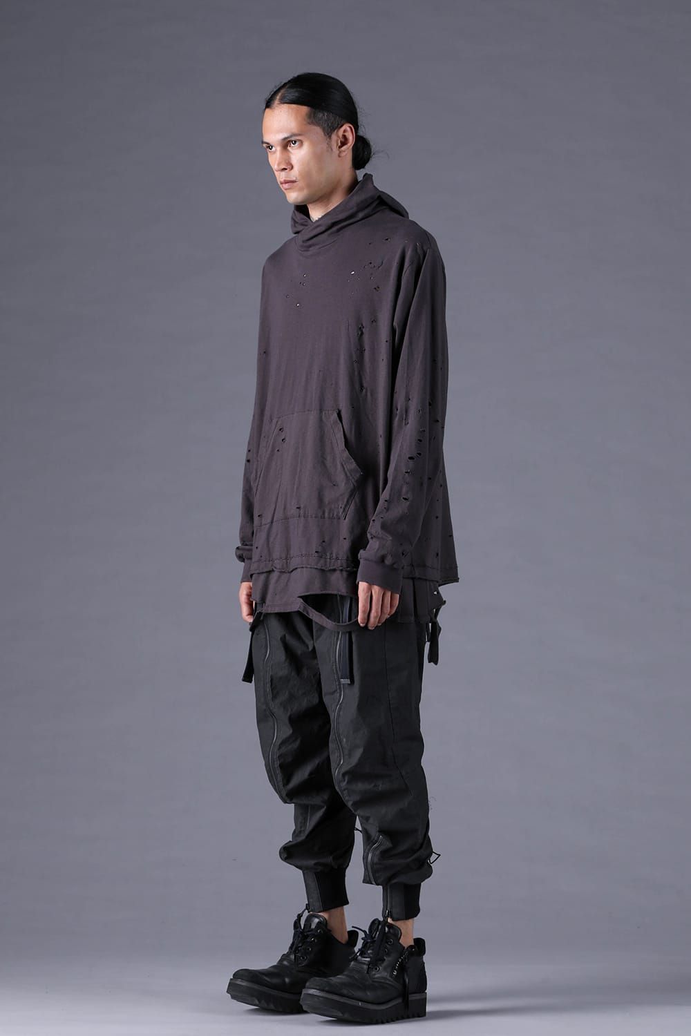 《2027SS先行予約分》Soft Cotton Jersey Shotgun-Damage Hoodie"Charcoal" / ソフトコットンジャージショットガンダメージフーディー"チャコール"
