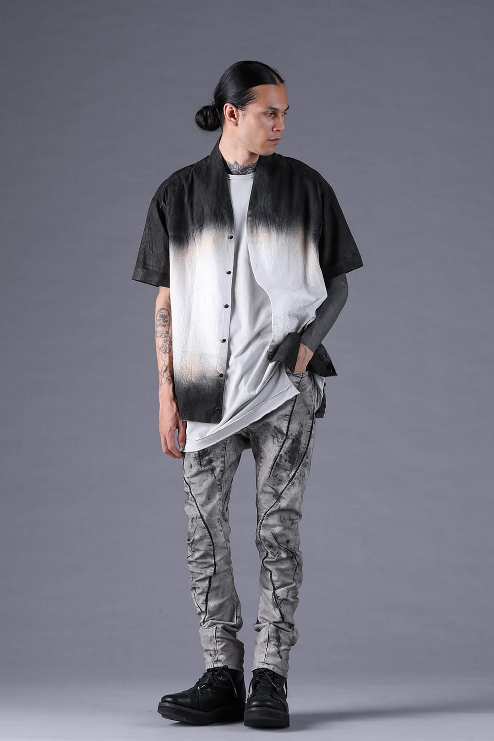 《2027SS先行予約分》Washer Loan Gradation Shawl-Collar S/S Shirt"Black" / ワッシャーローングラデーションショールカラーショートスリーブシャツ"ブラック"