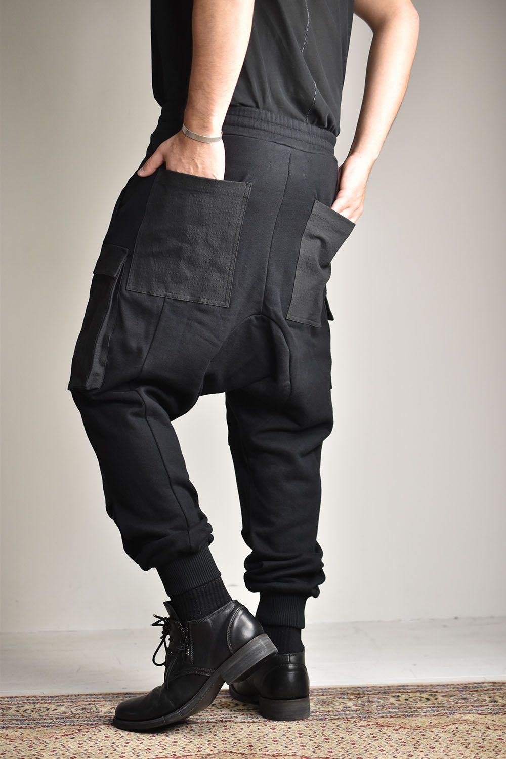 Non-ply Yarn Lined Drop Crotch Cargo Wide Jogger Pants"Black"/無撚糸裏毛ドロップクロッチカーゴワイドジョガーパンツ"ブラック"