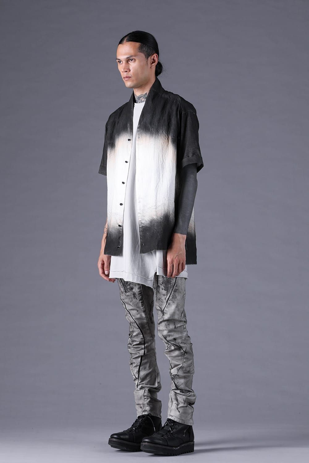 《2027SS先行予約分》Washer Loan Gradation Shawl-Collar S/S Shirt"Black" / ワッシャーローングラデーションショールカラーショートスリーブシャツ"ブラック"