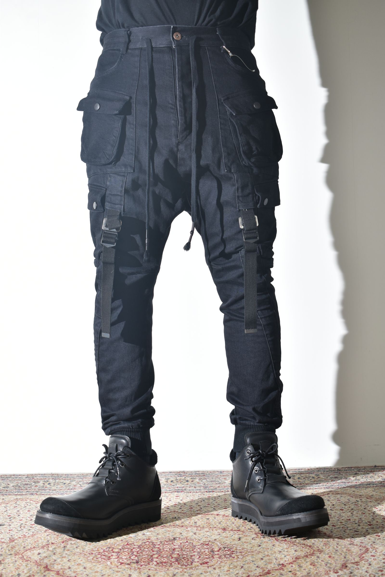 Stretch Denim Belt-Adjustable Cargo Jogger Pants"Black" / ストレッチデニムベルトアジャストカーゴジョグパンツ"ブラック"