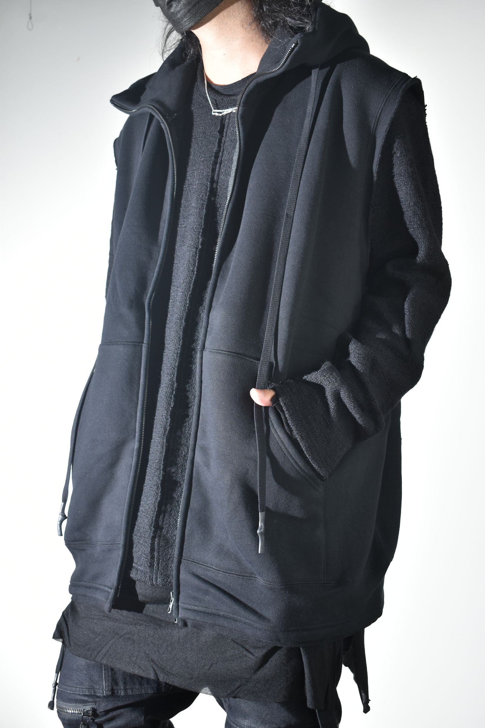Over Size Sleeve Less Zip Up Parker"Black" / オーバーサイズスリーブレスジップアップパーカー"ブラック"