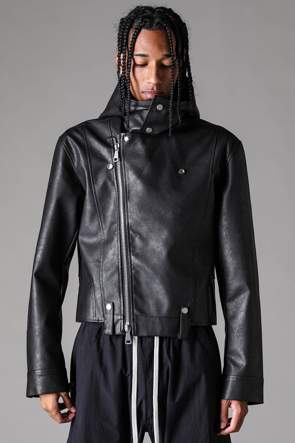 《2027SS先行予約》Vegan Leather Hoodei Double Riders "Black" / ヴィーガンレザーフーディダブルライダース"ブラック"