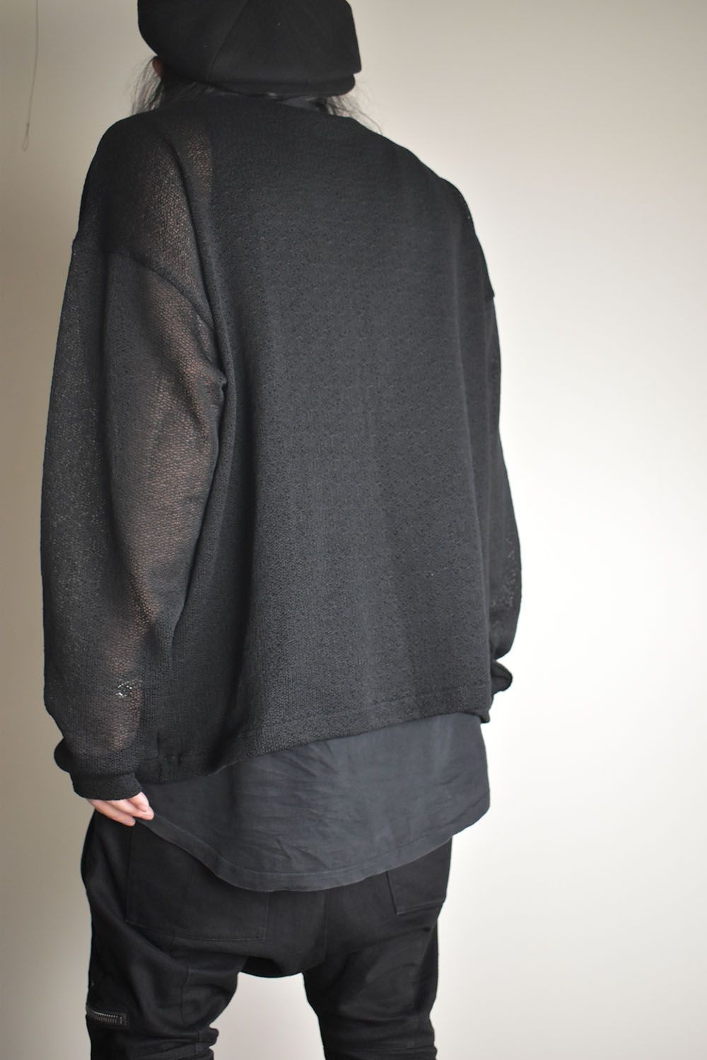 Cotton Low Gauge Knit Cardigan Layered Pullover"Black" / コットンローゲージニットカーディガンレイヤードプルオーバー"ブラック"