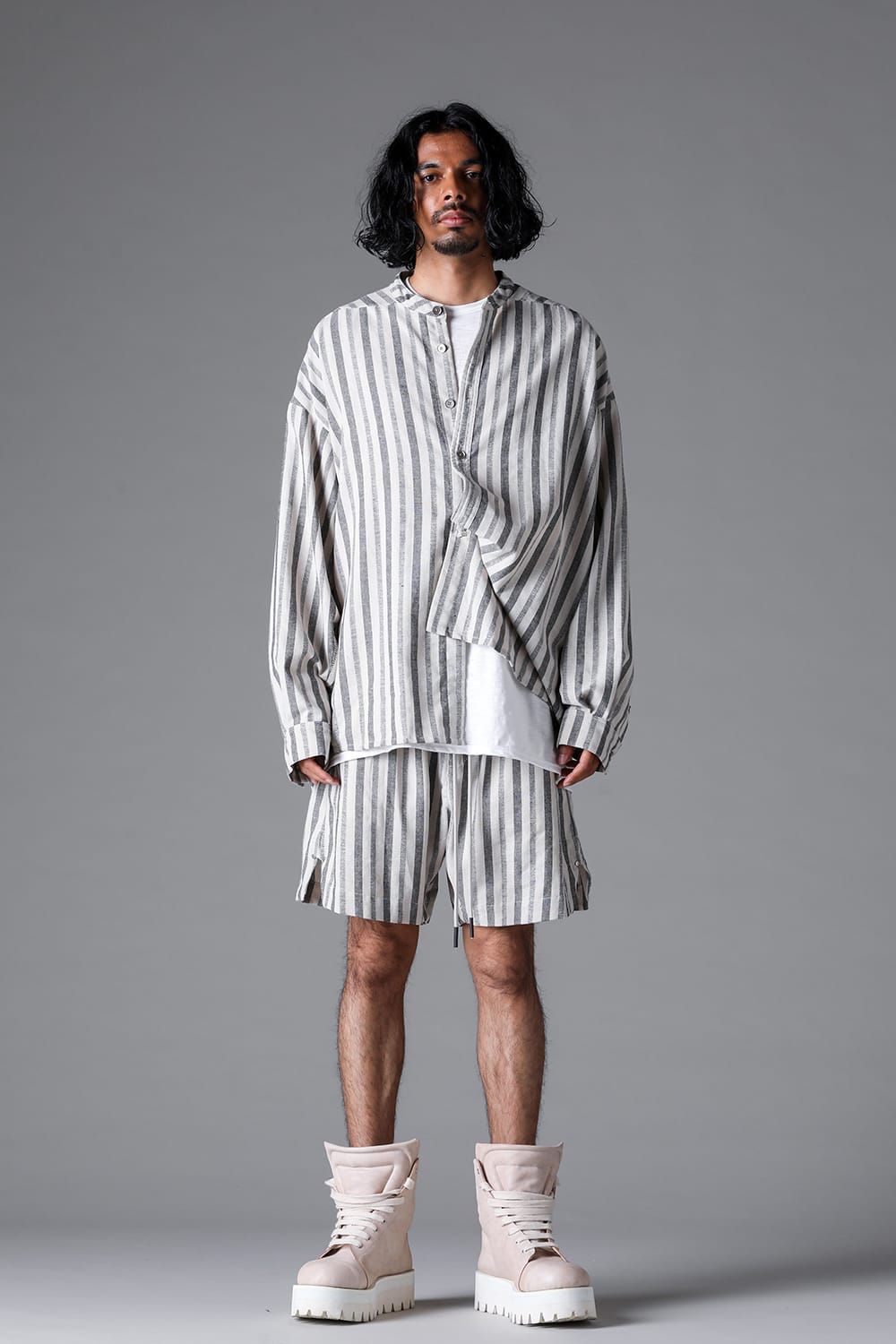 《2026SS先行予約》Vertical Stripes Stand Collar Shirts "Cream×L.Grey" / バーティカルストライプスタンドカラーシャツ"クリーム×グレー"