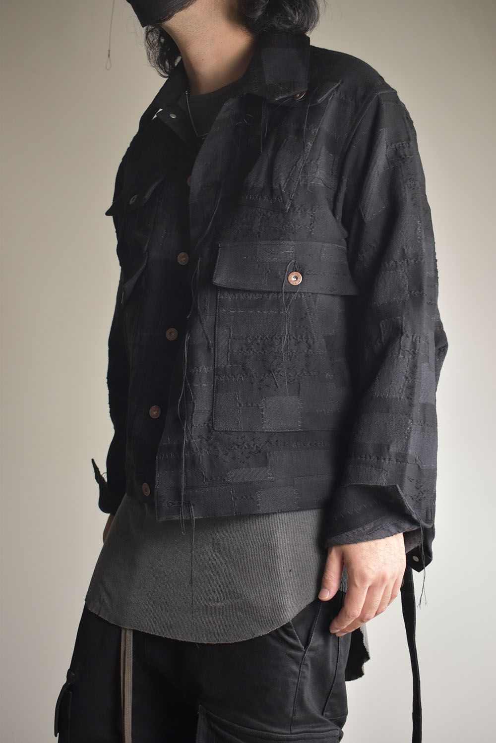 Crust Patchwork Jacquard Hood Attached Jacket "Black" / クラストパッチワークジャガードフードアタッチドジャケット"ブラック"