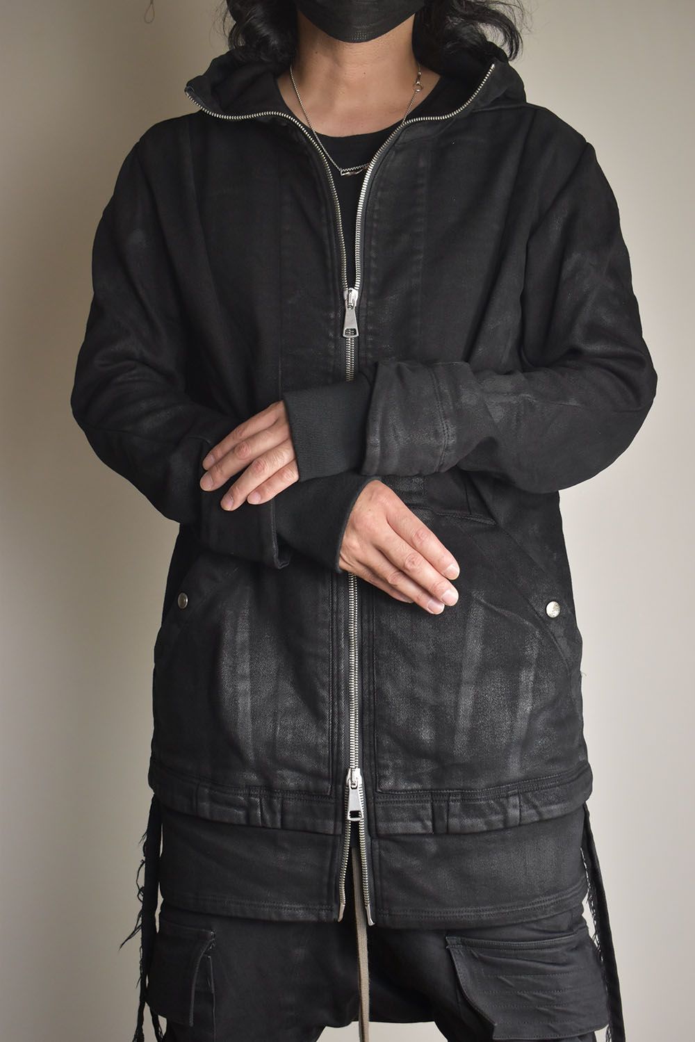 Coated Bonding Hoodie Denim Blouson"Black" / コーディングボンディングフーデッドデニムブルゾン"ブラック"