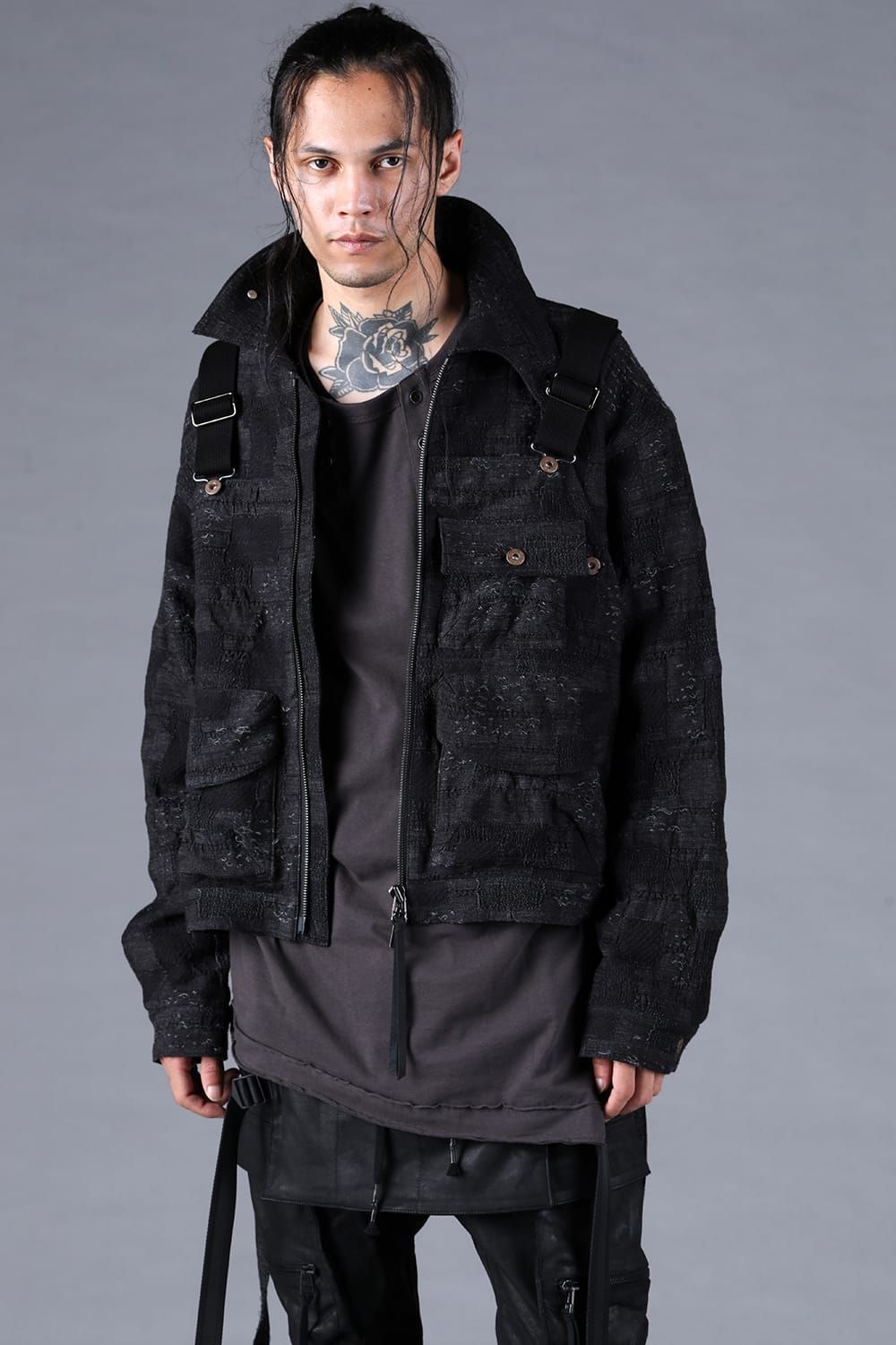 Crust Jacquard Salopette Layered Jacket"Black" / クラストジャガードサロペットレイヤードジャケット"ブラック"