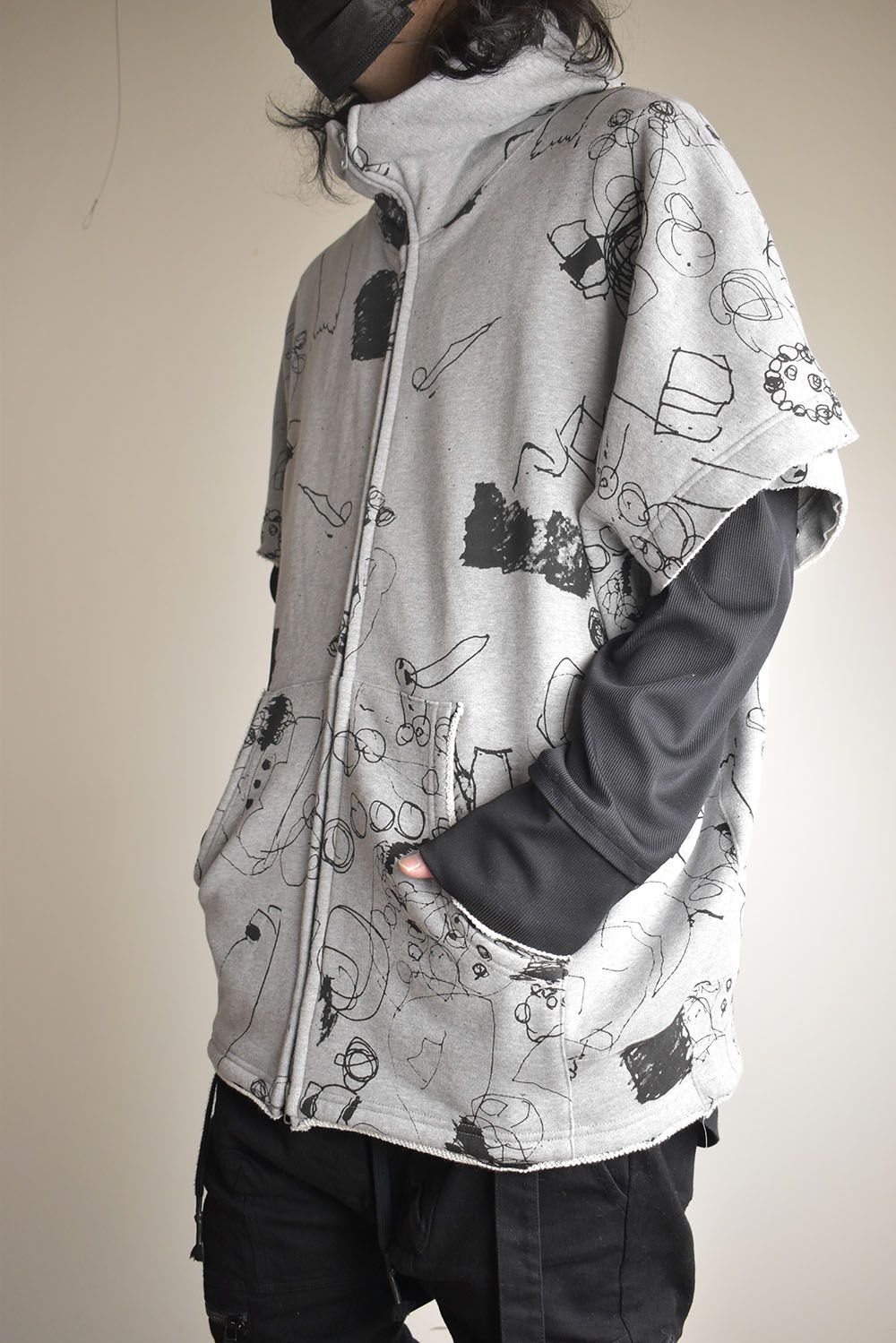 Sweat Oversize Print Zip Up Hoodie"Grey" / スウェットオーバーサイズプリントジップアップパーカ"グレー"