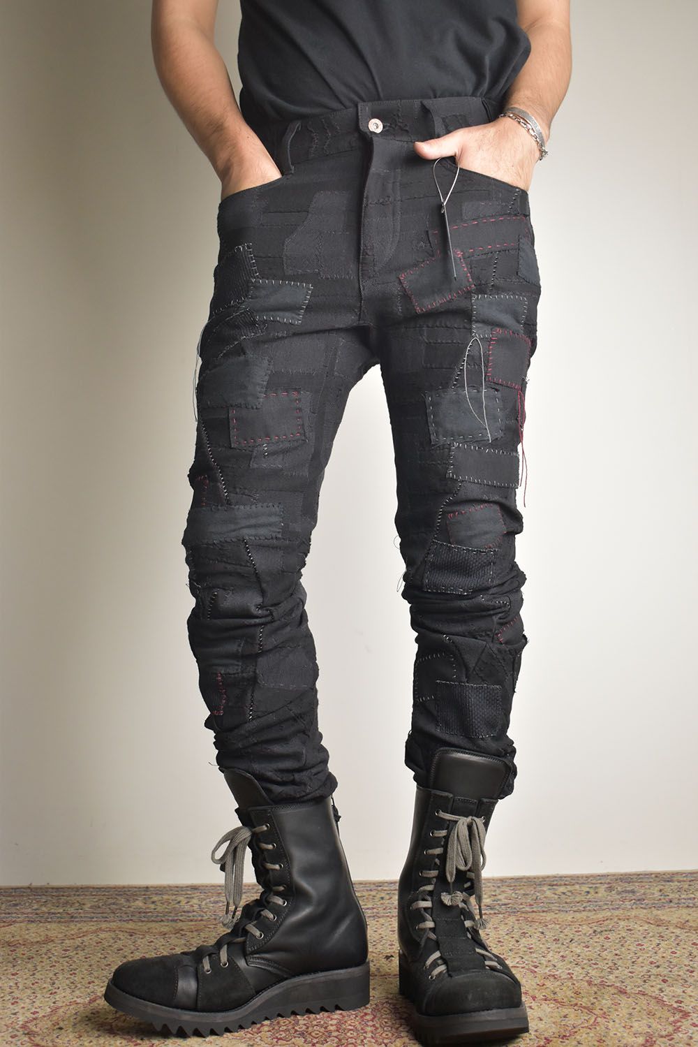 Hand Patchwork Crust Jacquard Overlock Twist Curve Pants "Black" / ハンドパッチワーククラストジャガードオーバーロックツイストカーブパンツ"ブラック"