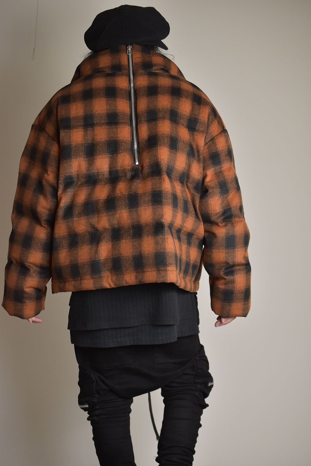 Cehck Pattern High Neck Down jacket"BK×OG"/チェックパターンハイネックダウン"ブラック×オレンジ"
