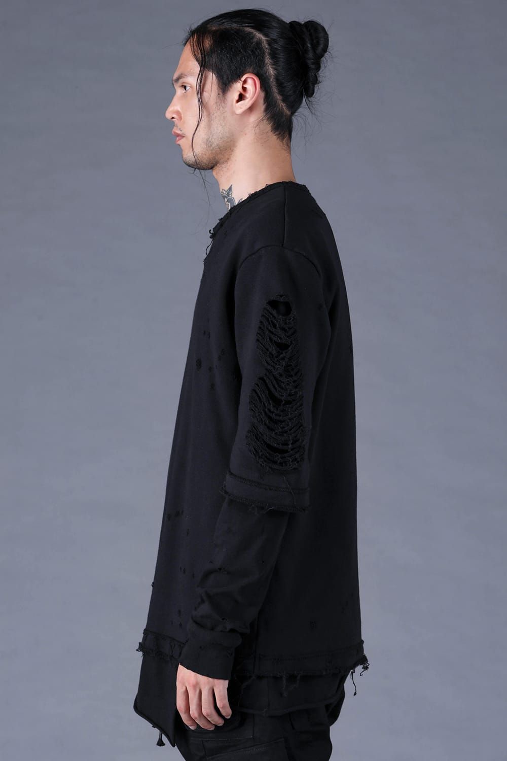 Sweat Shotgun Damage Layered Tee"Black" / 裏毛ショットガンダメージレイヤードTee"ブラック"